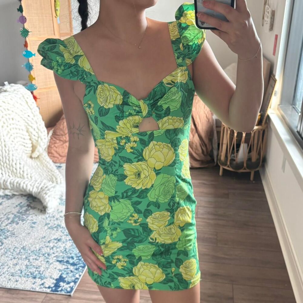 Topshop poplin green rose cut out mini floral dress in green US 4